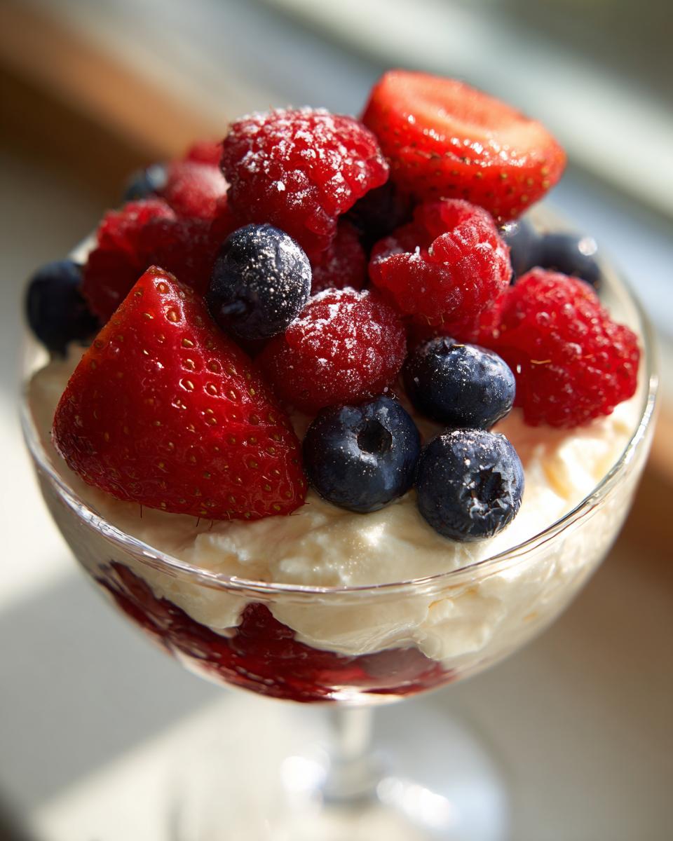 Glass filled with berry cheesecake fluff dessert topped with strawberries, raspberries, and blueberries.