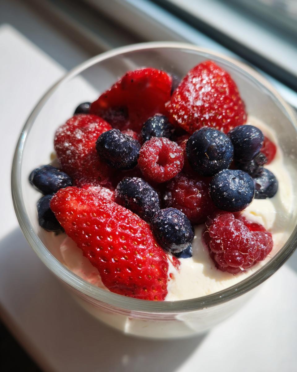 Glass bowl of berry cheesecake fluff dessert topped with strawberries, blueberries, and raspberries.