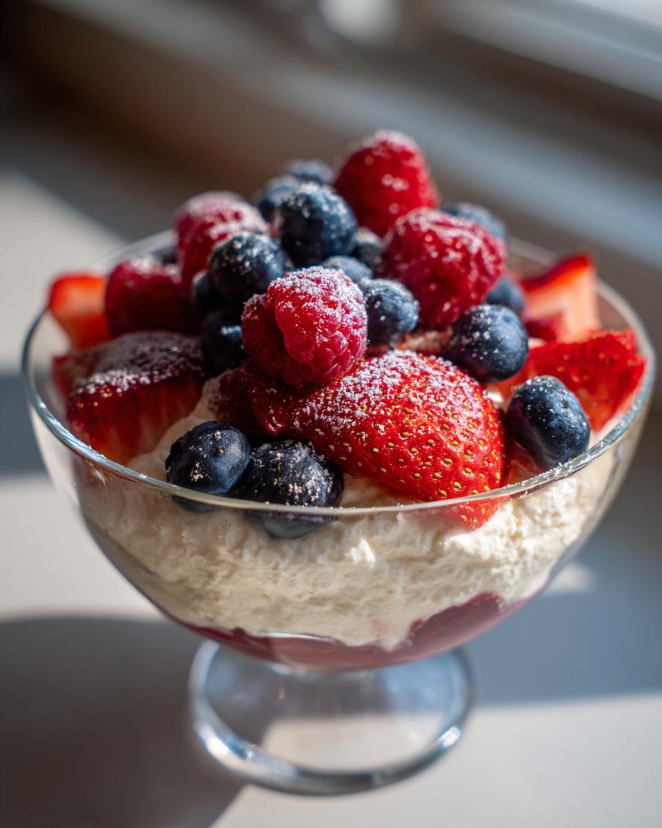 Glass bowl filled with berry cheesecake fluff dessert topped with strawberries, raspberries, and blueberries.