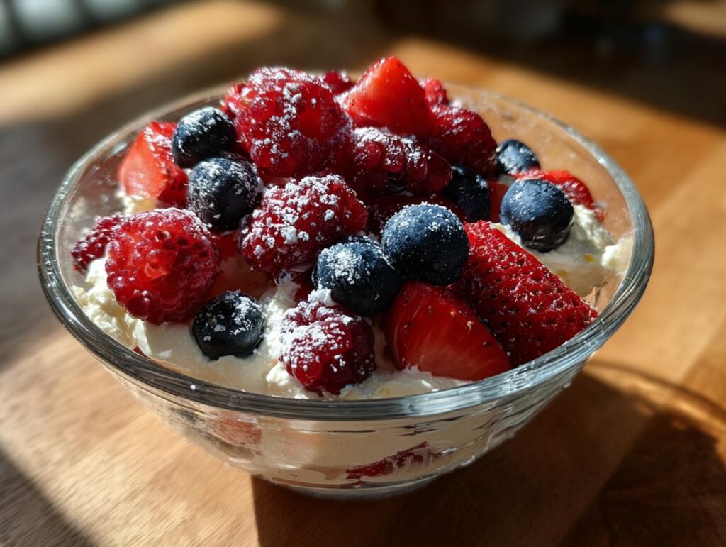 Glass bowl filled with berry cheesecake fluff dessert topped with strawberries, raspberries, blueberries, and powdered sugar.