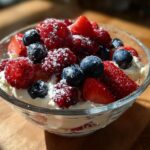 Glass bowl filled with berry cheesecake fluff dessert topped with strawberries, raspberries, blueberries, and powdered sugar.