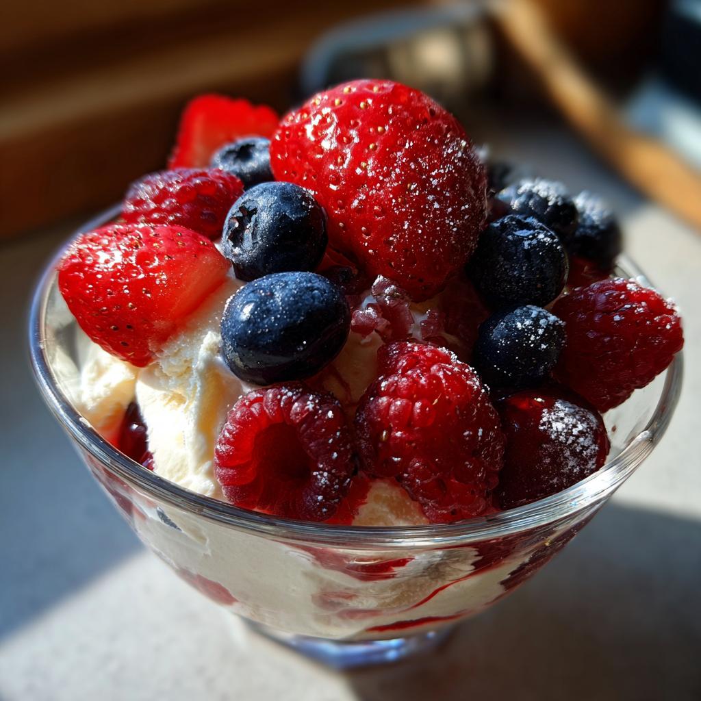 Glass bowl filled with berry cheesecake fluff dessert topped with strawberries, blueberries, and raspberries.