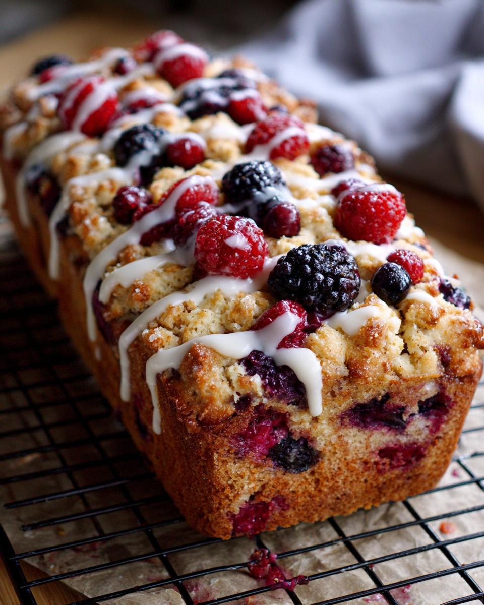 Close-up of a berry crumble loaf cake topped with mixed berries and white icing drizzle, a simple baked desserts option.