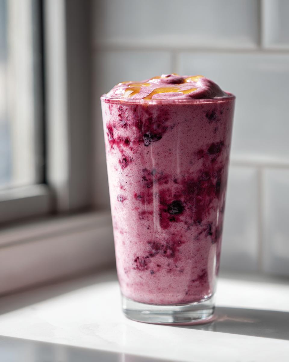 Tall glass of berry smoothie recipes with honey drizzle on top near window