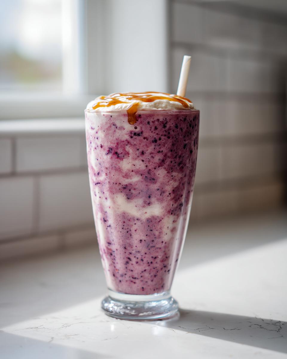 Glass of berry smoothie recipes with whipped cream and caramel drizzle on top