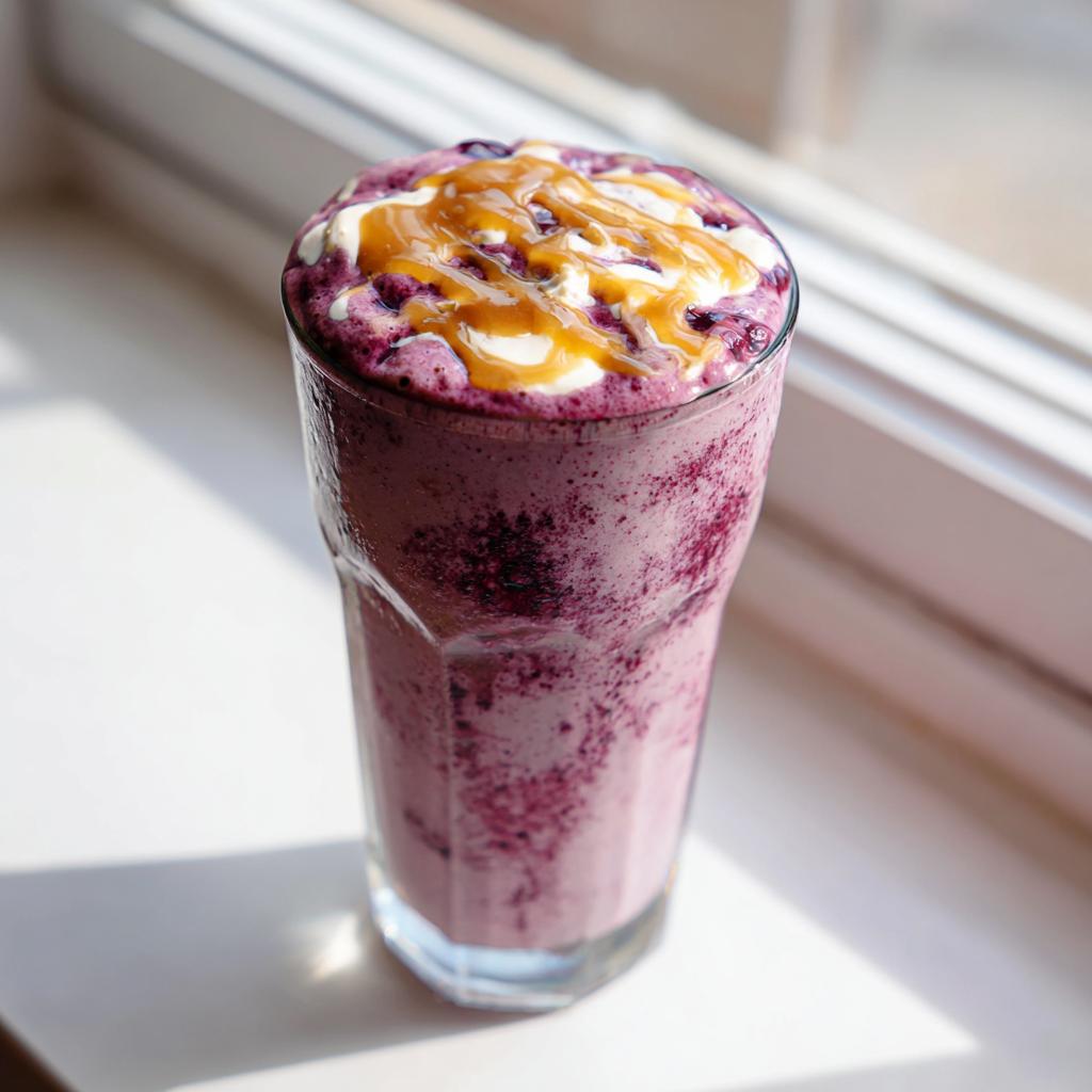 Tall glass of berry smoothie topped with yogurt and honey drizzle on a windowsill