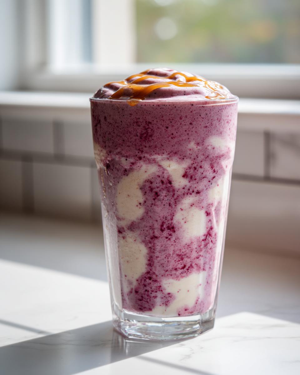 Glass of berry swirl smoothie topped with caramel drizzle on a white countertop.