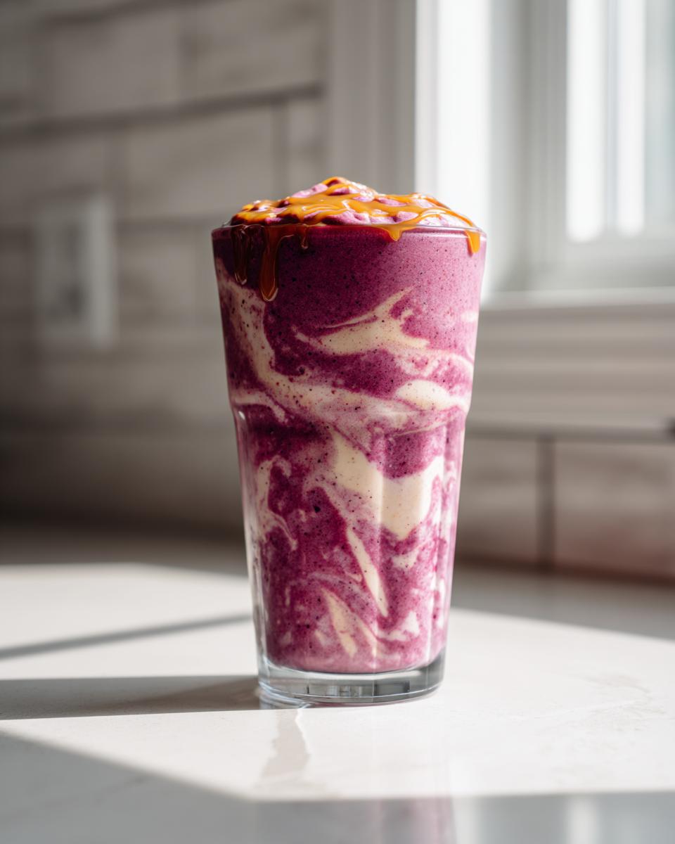 Glass of berry swirl smoothie topped with caramel drizzle on a kitchen counter