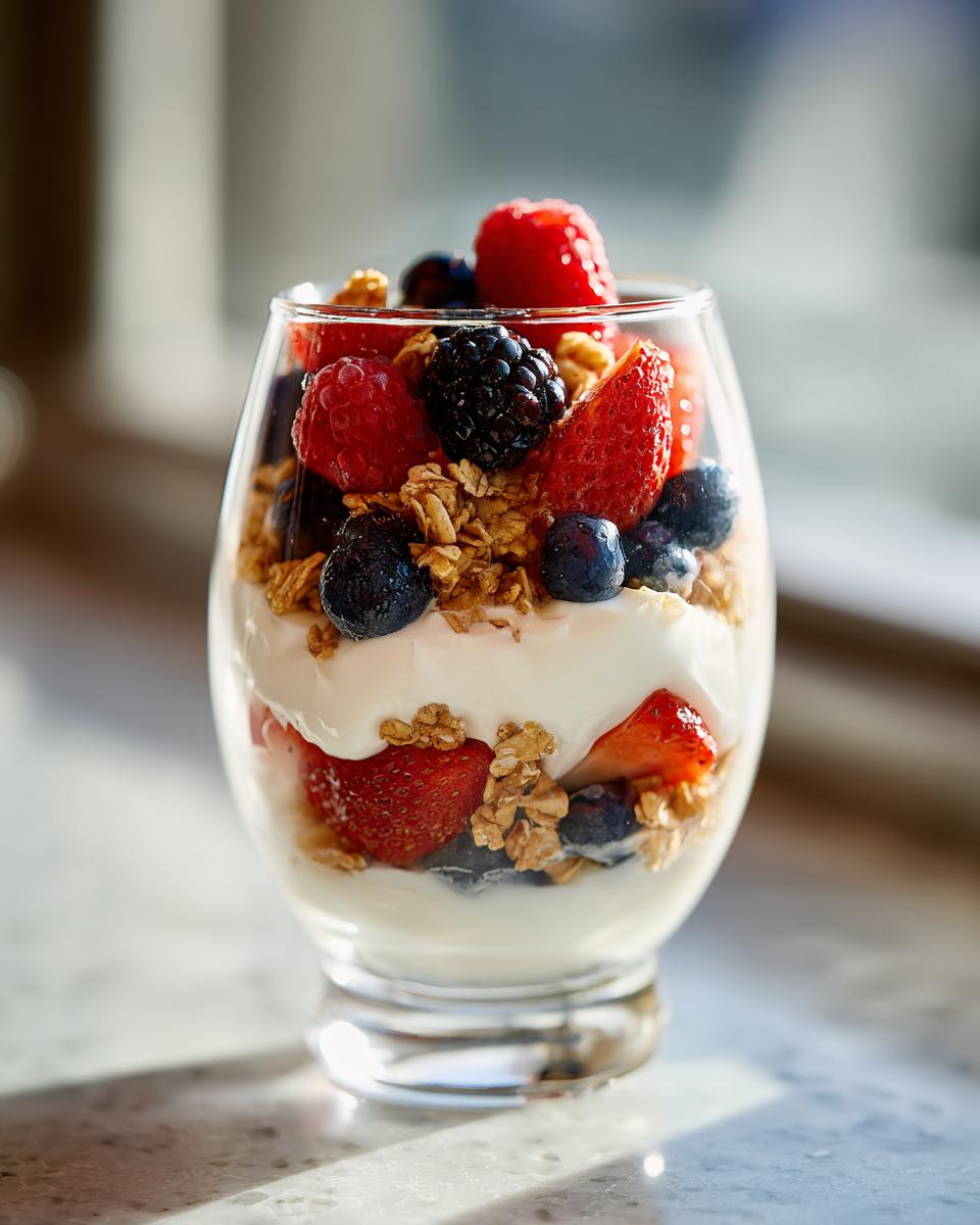 Glass of yogurt parfait with granola, strawberries, blueberries, raspberries, and blackberries