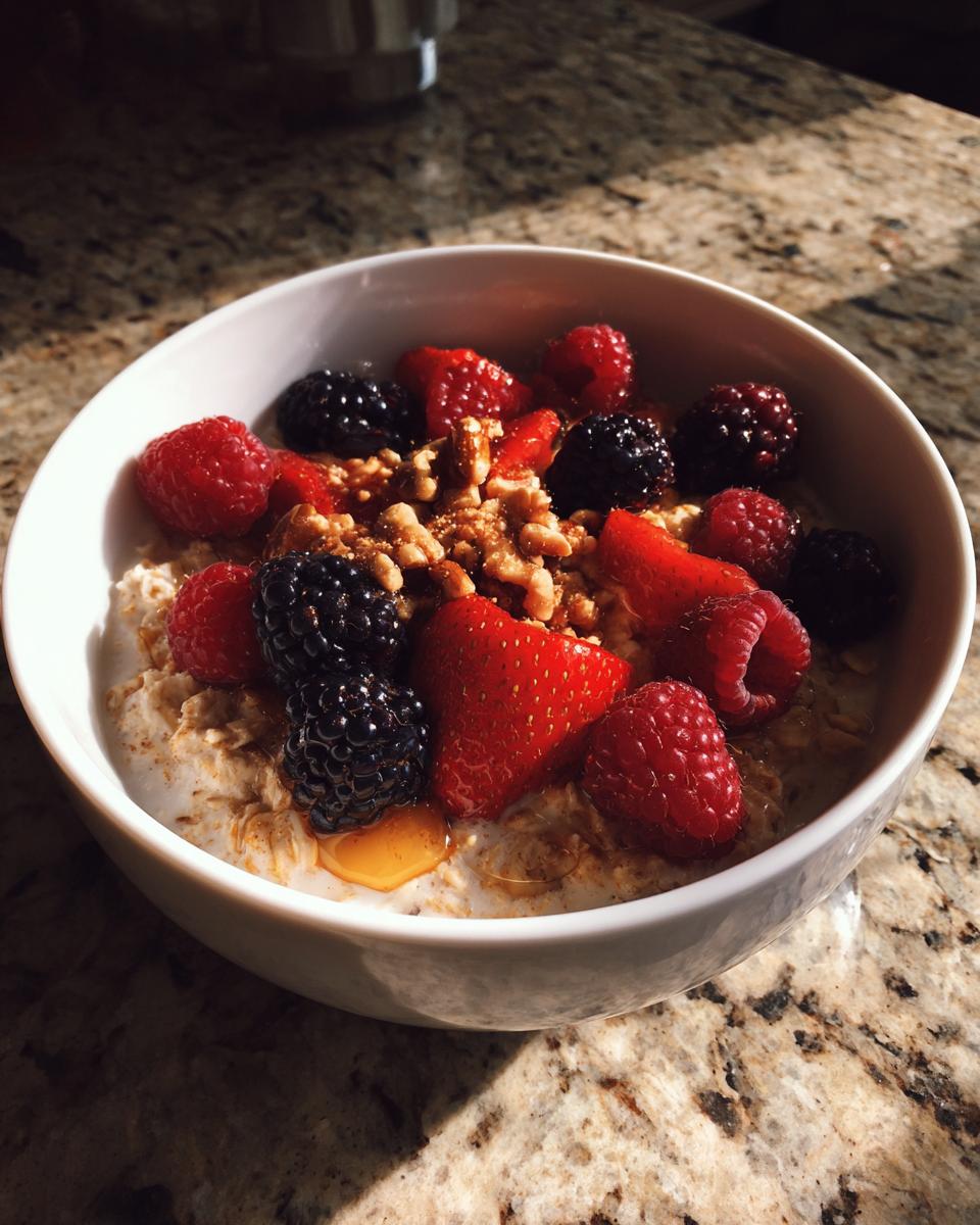 Bowl of oatmeal topped with fresh strawberries, raspberries, blackberries, walnuts, and honey