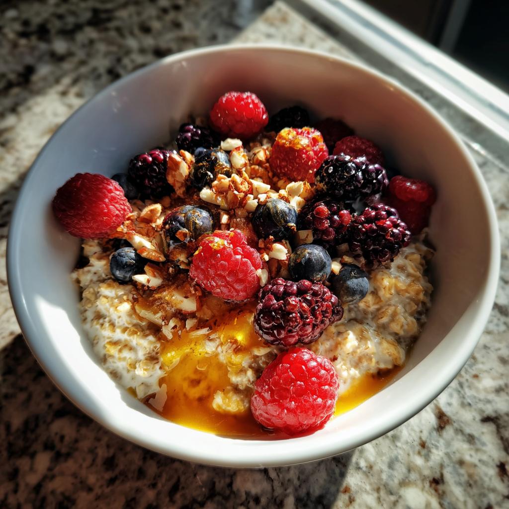 Bowl of oats topped with fresh raspberries, blackberries, blueberries, nuts, and honey