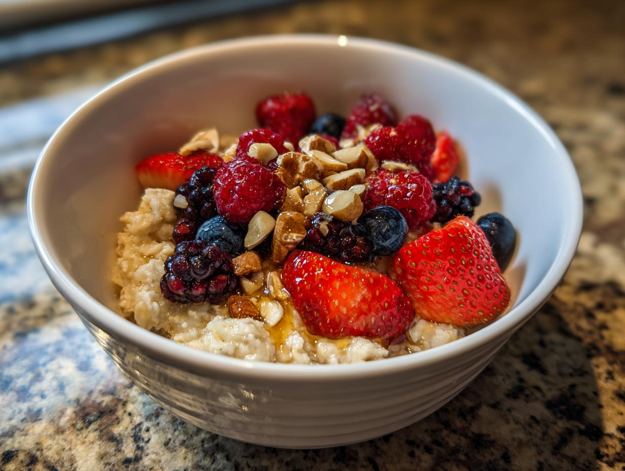 Bowl of oatmeal topped with fresh strawberries, raspberries, blueberries, blackberries, and chopped nuts.