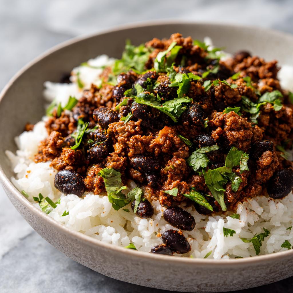 Close-up of budget friendly meals featuring ground beef and black beans served over white rice with fresh herbs.
