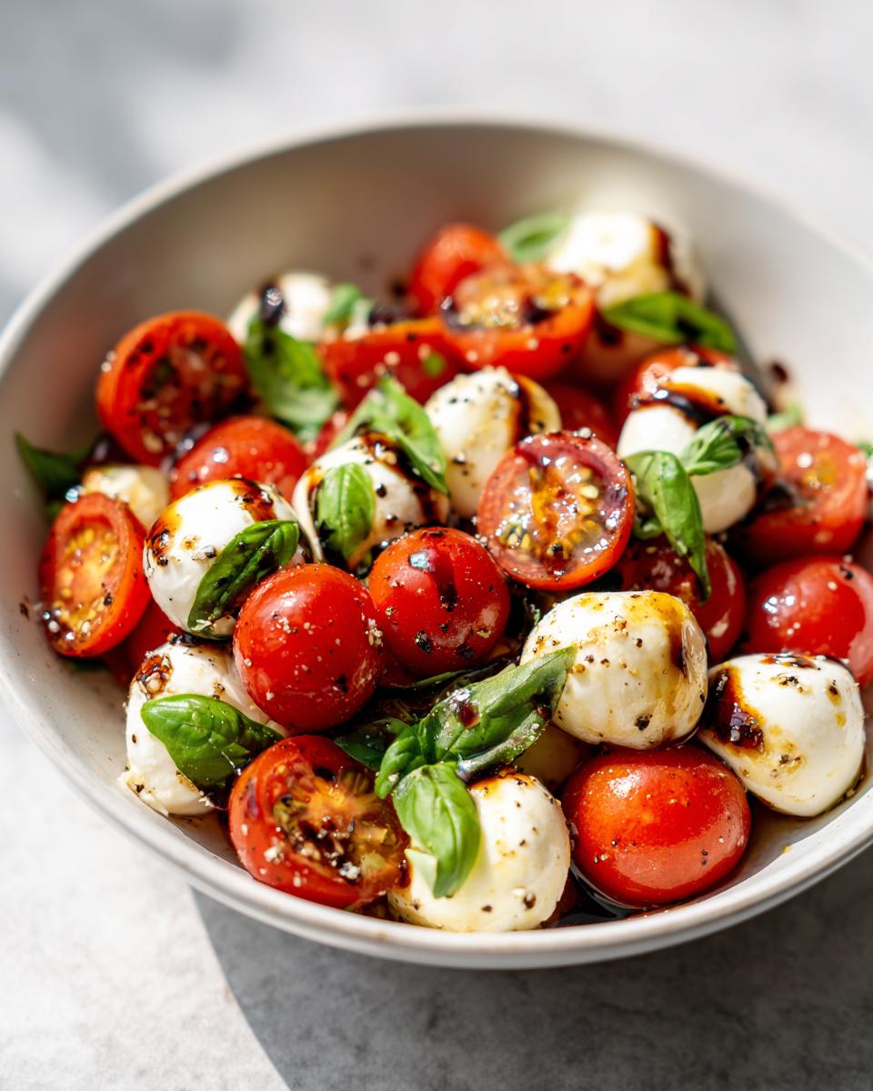Bowl of simple appetizer snacks with cherry tomatoes, mozzarella balls, basil, and balsamic glaze