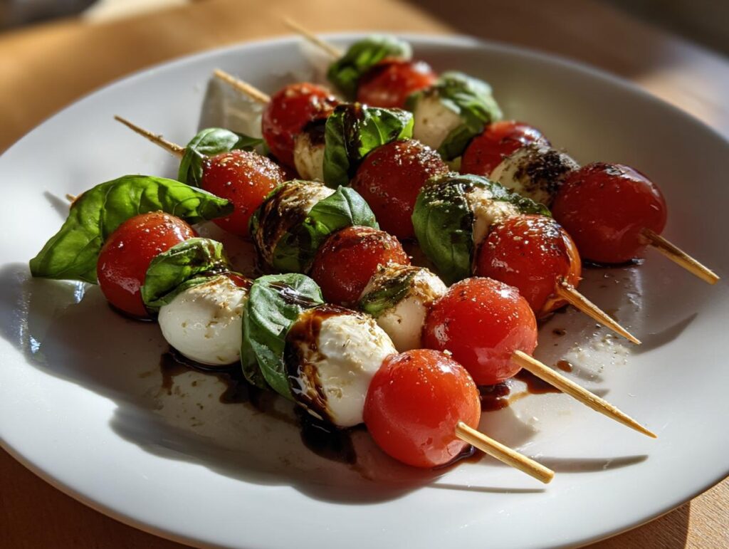 Caprese salad skewers appetizer with cherry tomatoes, mozzarella, basil, and balsamic glaze on a white plate.