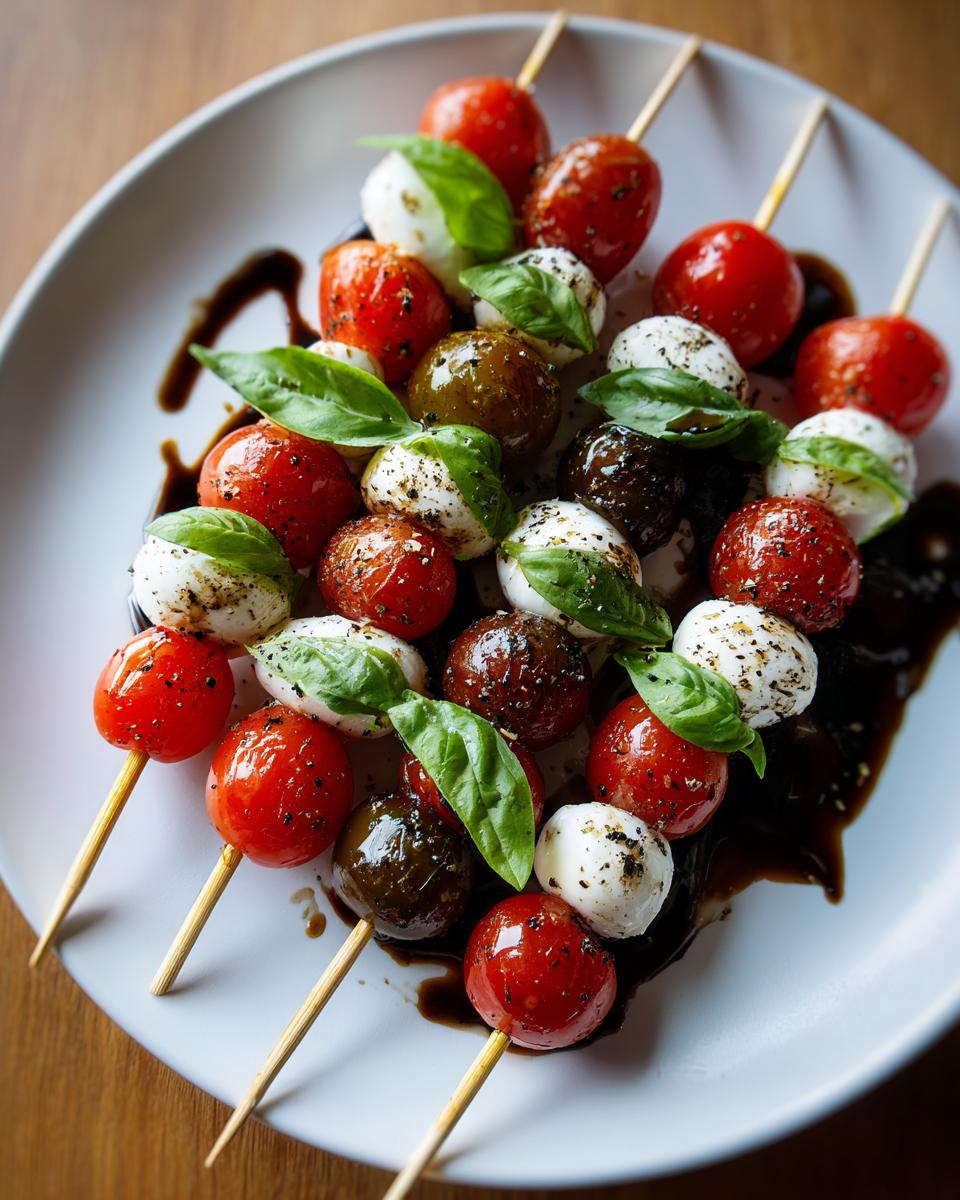 Caprese salad skewers appetizer with cherry tomatoes, mozzarella balls, basil, and balsamic glaze on a white plate.