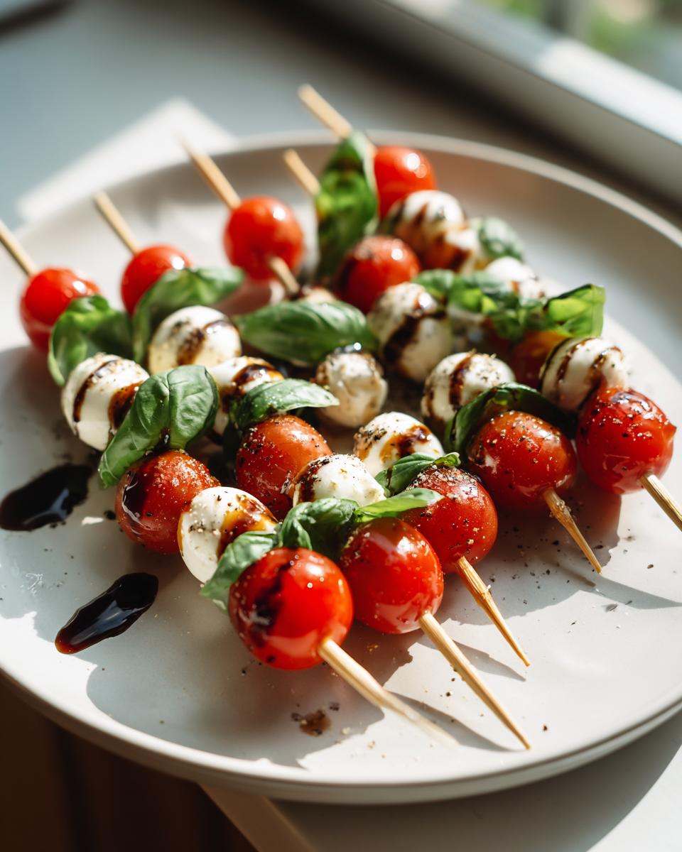 Caprese salad skewers appetizer with cherry tomatoes, mozzarella, basil, and balsamic drizzle on white plate.