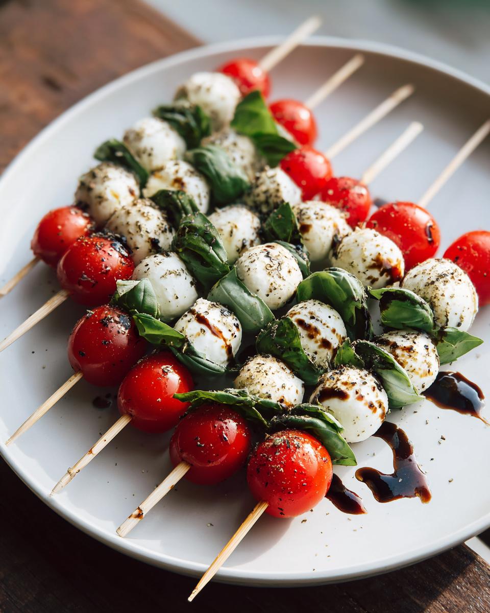 Caprese salad skewers appetizer with cherry tomatoes, mozzarella balls, basil, and balsamic drizzle.