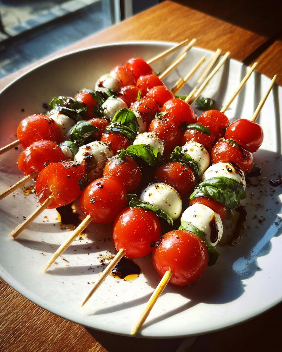 Caprese salad skewers appetizer with cherry tomatoes, mozzarella, basil, and balsamic glaze on a white plate.
