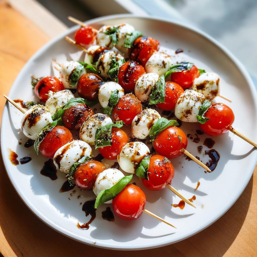 Caprese salad skewers appetizer with cherry tomatoes, mozzarella, basil, and balsamic glaze on a white plate.