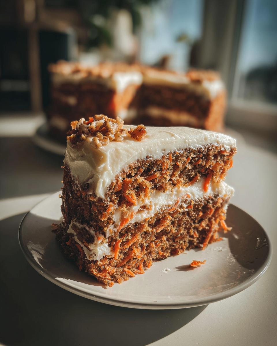 Close-up of a slice of carrot cake with cream cheese frosting and walnut topping on a plate.