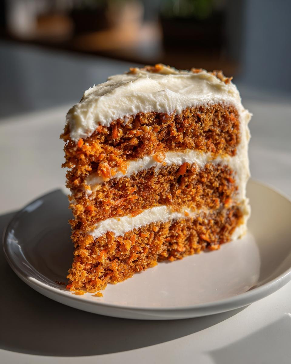 Close-up of a slice of carrot cake with cream cheese frosting on a white plate for Easter dessert table ideas.