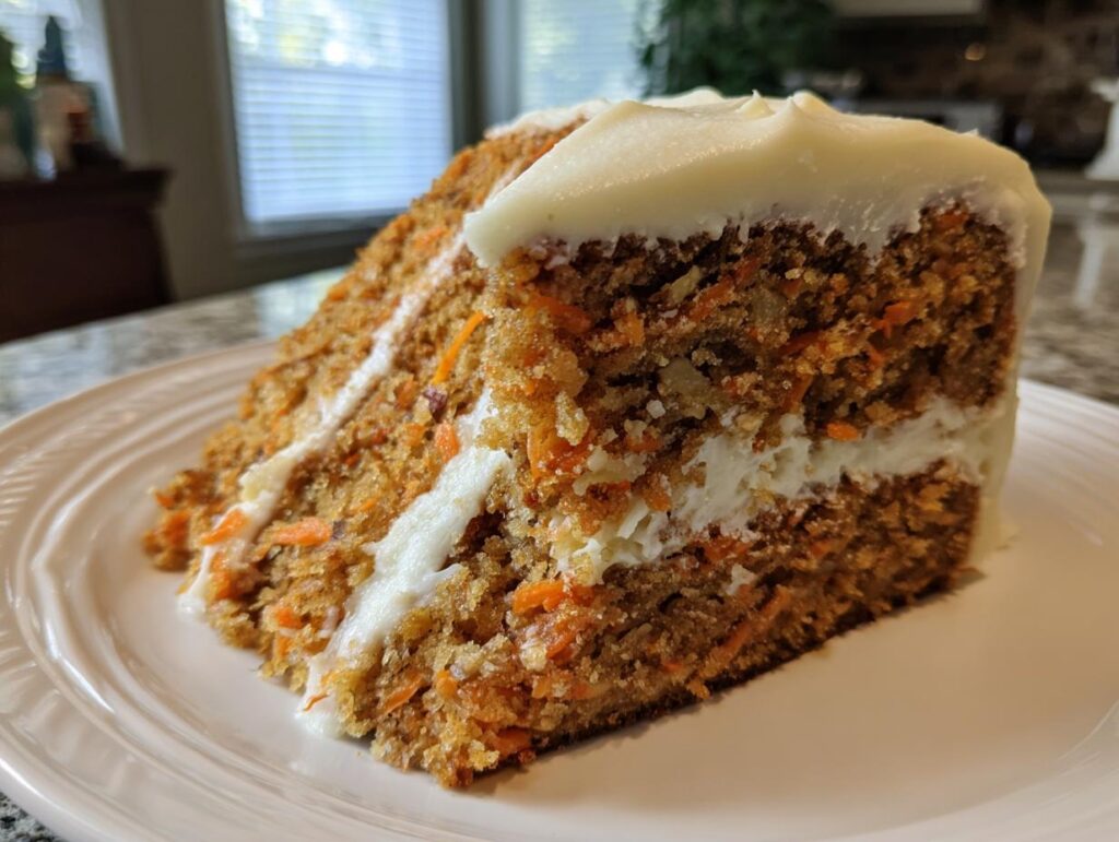 Close-up of a slice of carrot cake with cream cheese frosting on a white plate.