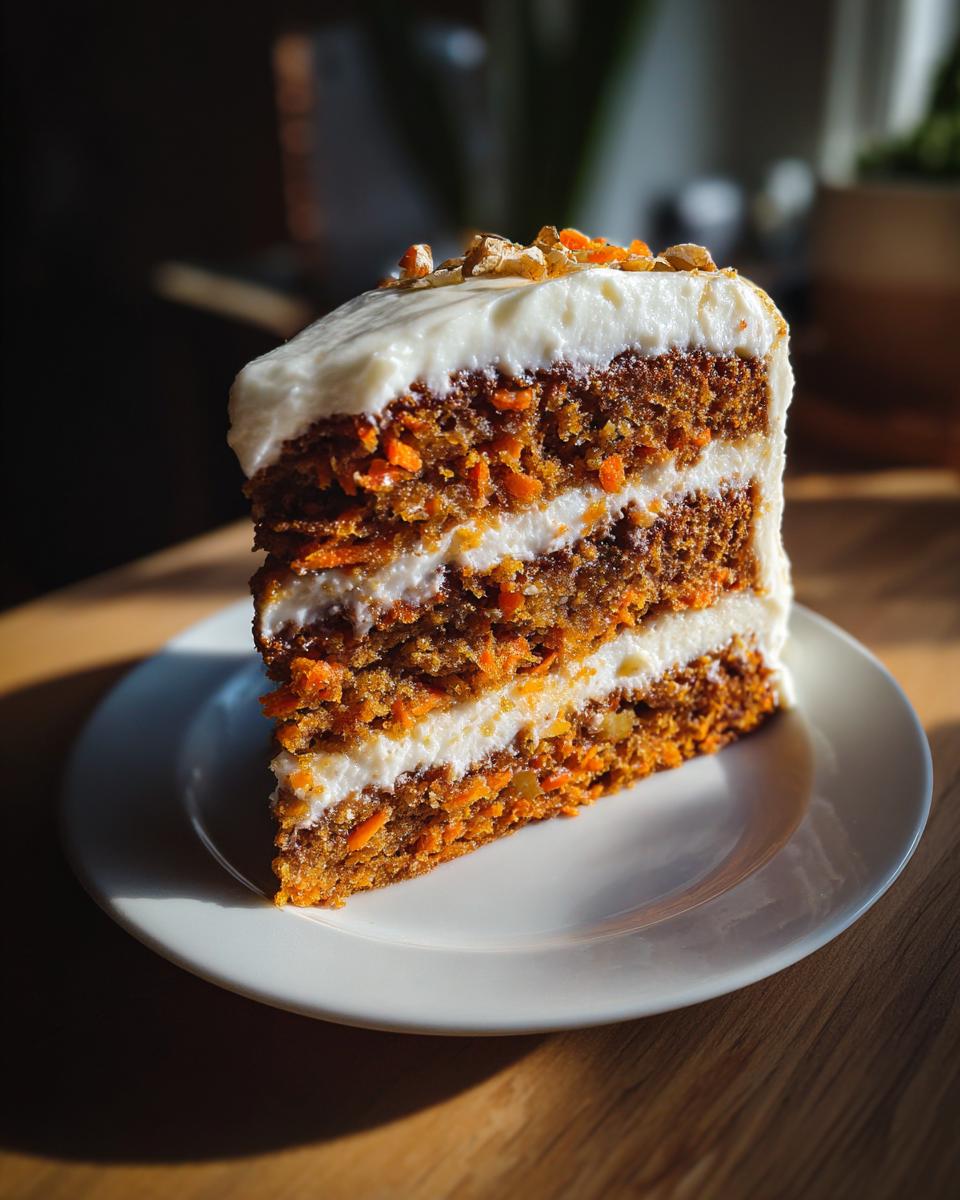 Close-up of a slice of carrot cake with cream cheese frosting on a white plate.