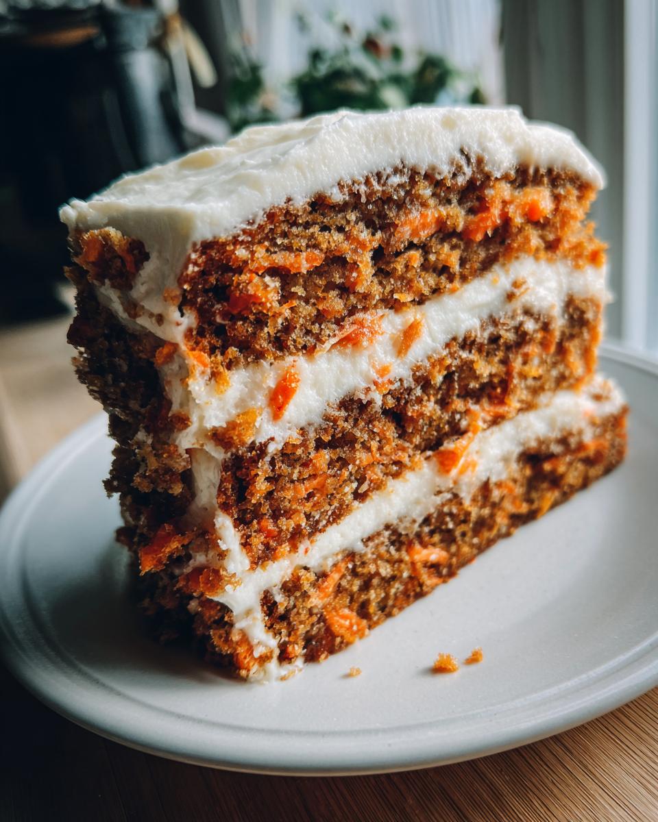 Close-up of a slice of moist carrot cake with cream cheese frosting on a white plate