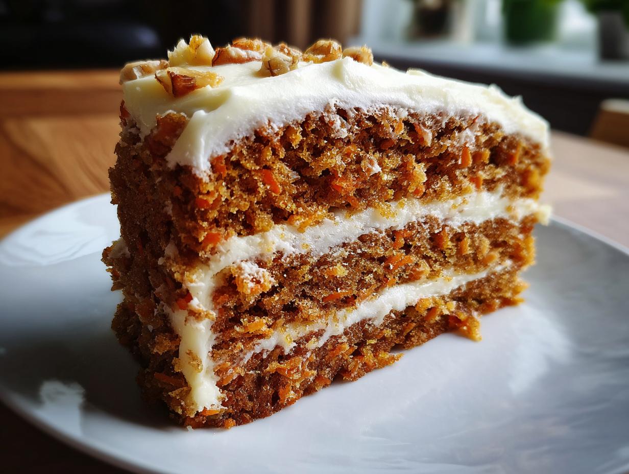Close-up of a slice of carrot cake with cream cheese frosting and nuts on a white plate.