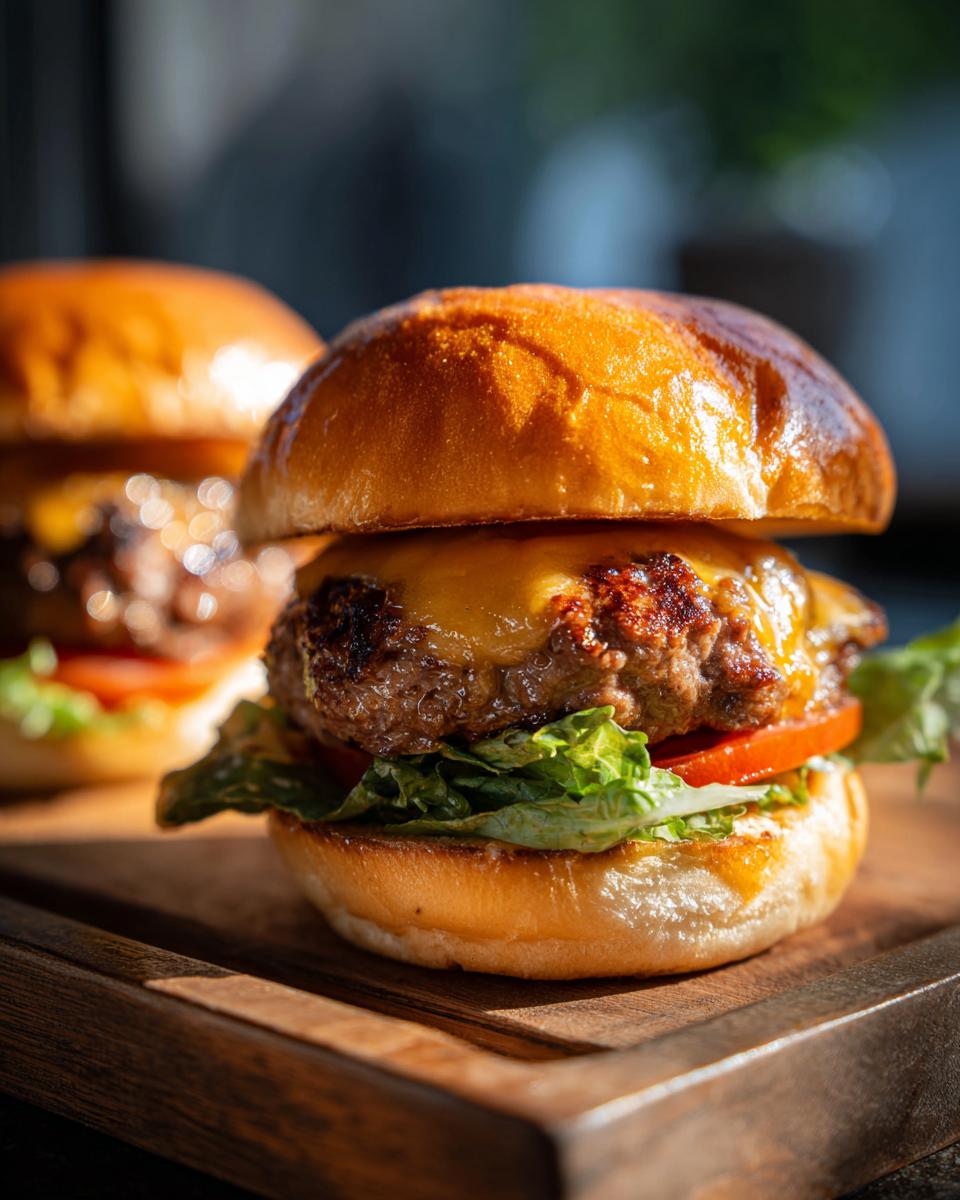 Close-up of a cheeseburger with lettuce, tomato, and melted cheese on a toasted bun