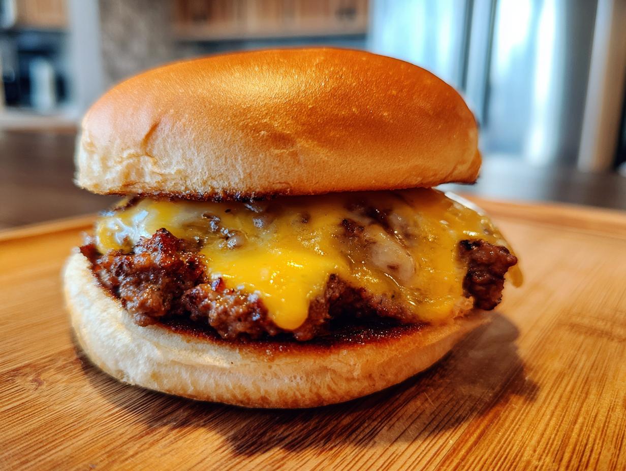 Close-up of a cheeseburger with melted cheddar cheese on a soft bun on wooden surface