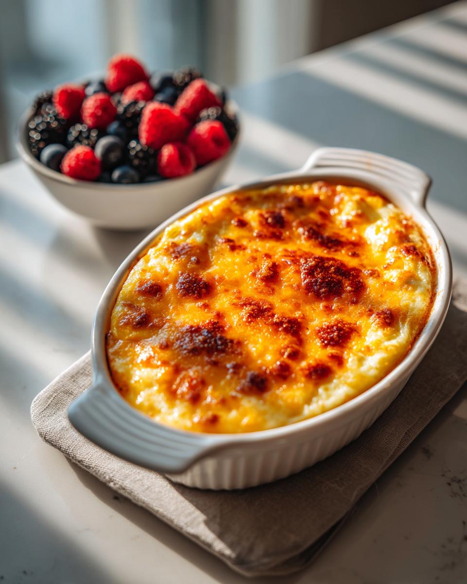 Golden cheesy baked casserole in a white dish with a bowl of mixed berries for Easter brunch recipes
