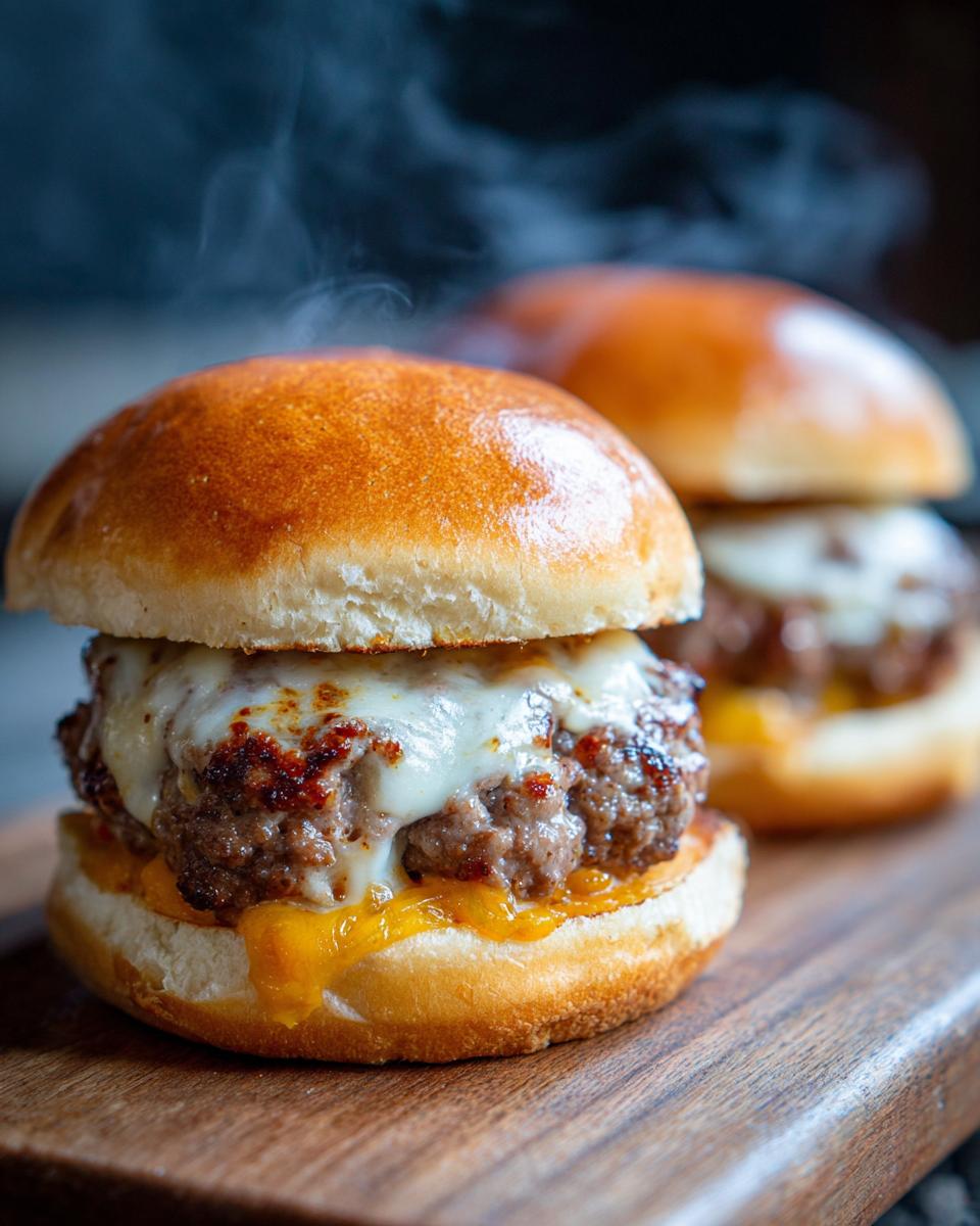 Close-up of two cheesy beef sliders on a wooden board, steam rising from them.