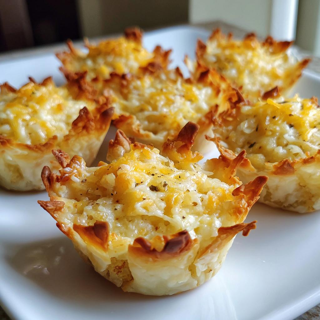 Close-up of cheesy easy finger food snacks baked in crispy cups on a white plate.