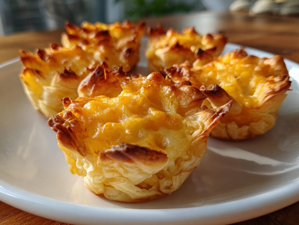 Close-up of golden baked cheesy easy finger food snacks on a white plate.