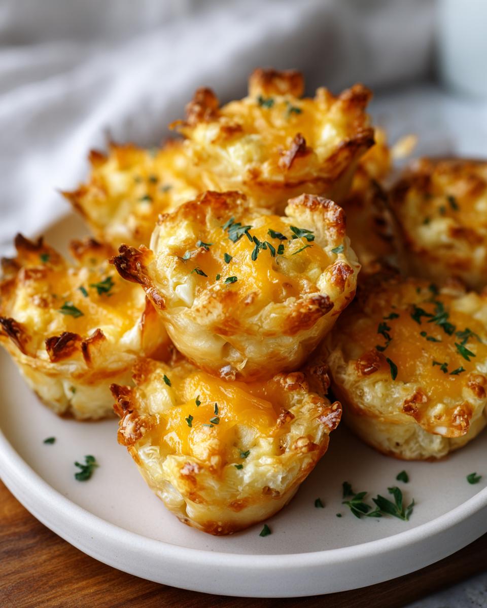 Plate of cheesy easy finger food snacks garnished with herbs, golden and crispy.