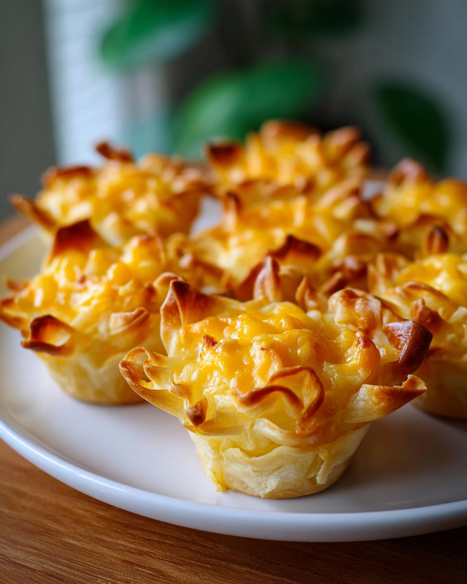Close-up of cheesy baked easy finger food snacks in crispy pastry cups on a white plate.