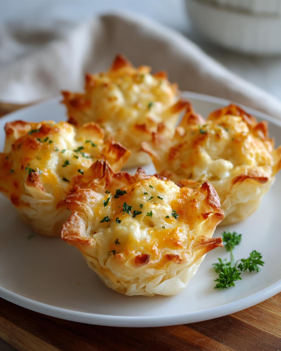 Four golden cheesy phyllo cups garnished with parsley on a white plate, easy finger food snacks