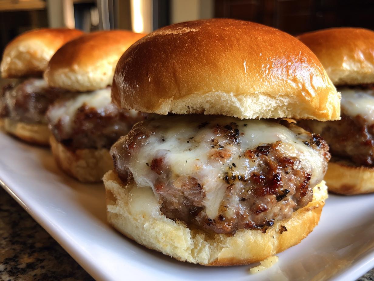 Close-up of cheesy sliders on soft buns, perfect for family friendly dinner recipes.