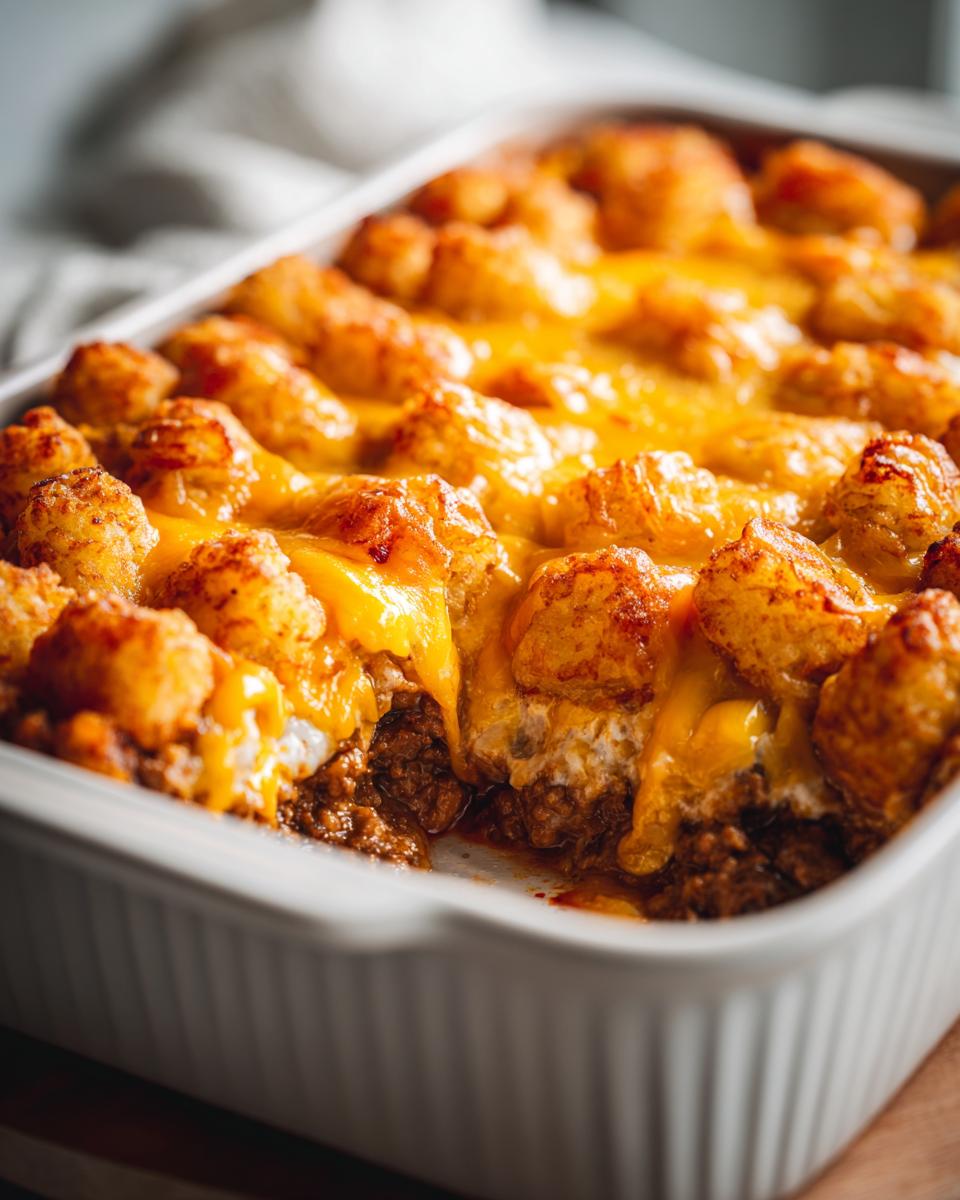 Close-up of a cheesy tater tot casserole with melted cheddar cheese and ground beef in a white dish.