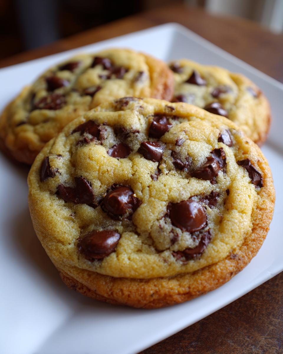 Three chewy chocolate chip cookies stacked on a white plate.