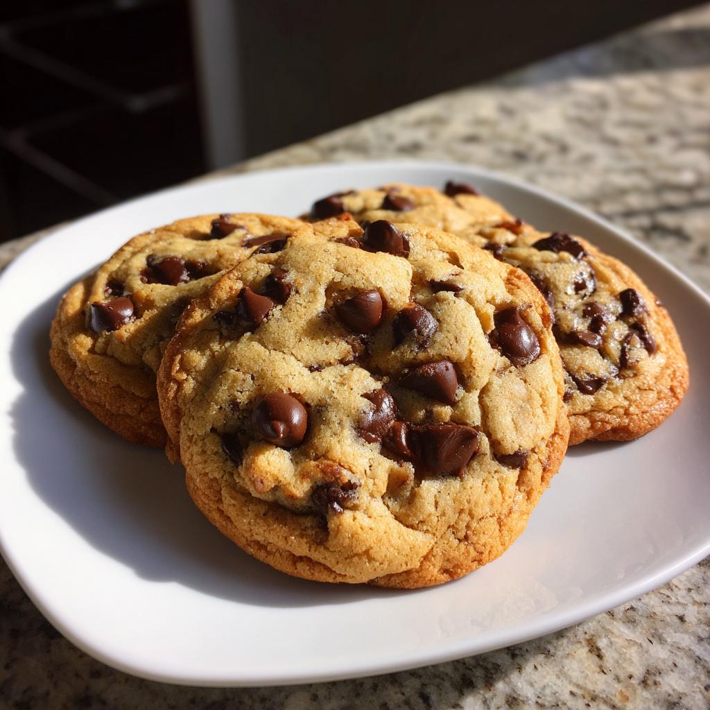 Close-up of chewy chocolate chip cookies stacked on a white plate.