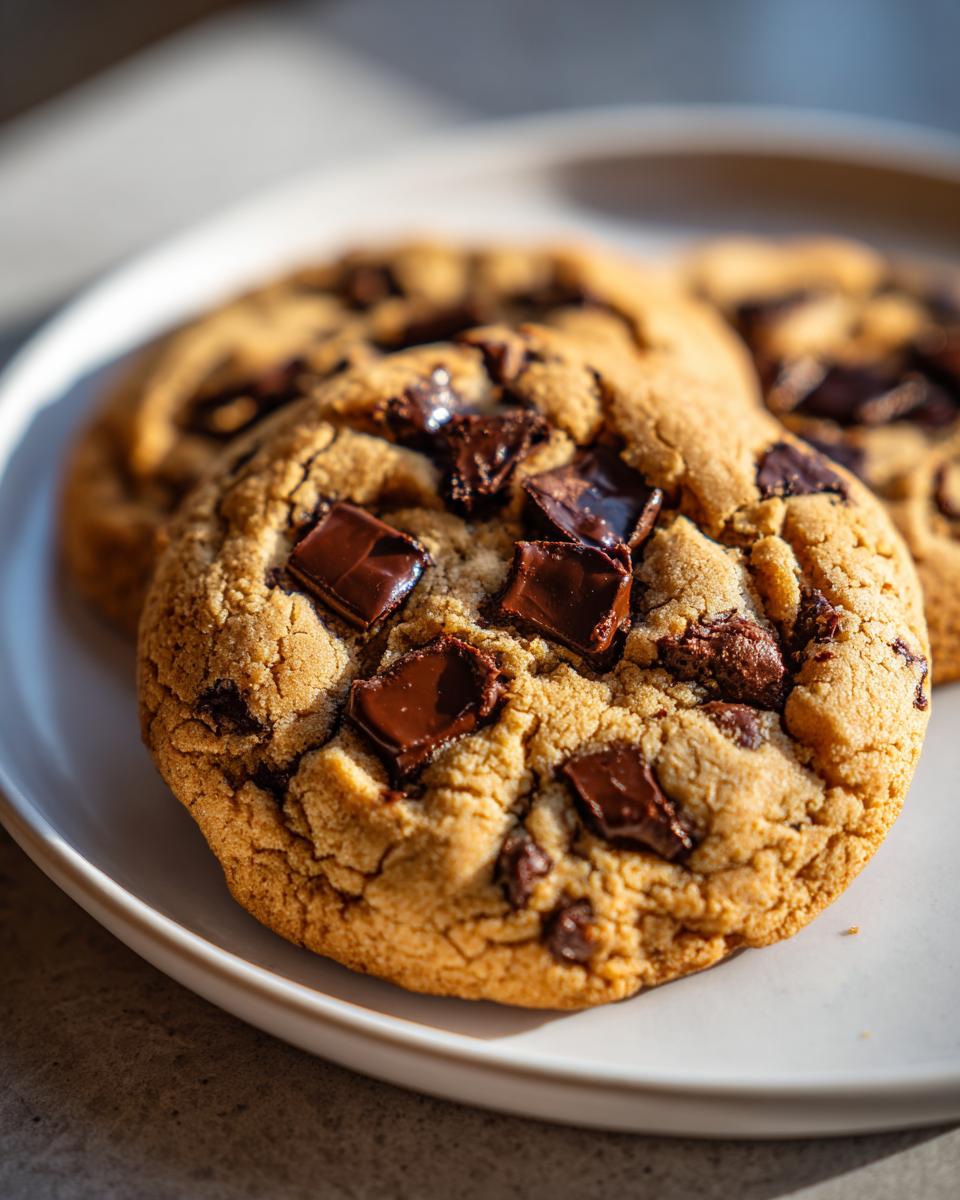Two chewy chocolate chunk cookies on a white plate with melted chocolate pieces