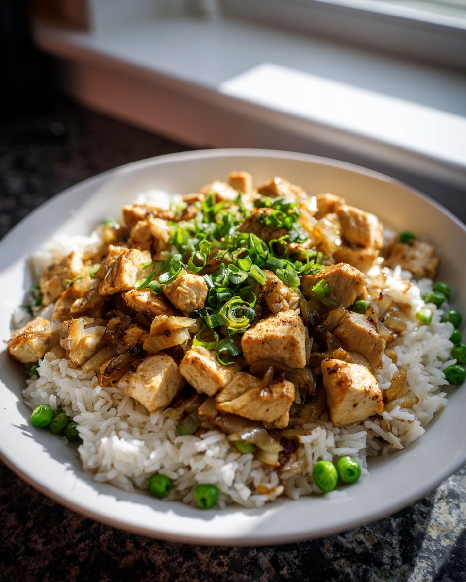 Plate of cooked chicken pieces on white rice with green peas and chopped onions, garnished with green herbs.