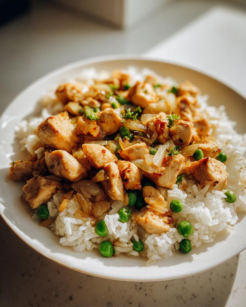 Plate of cooked chicken pieces with onions and peas served over white rice, a basic cooking recipes meal