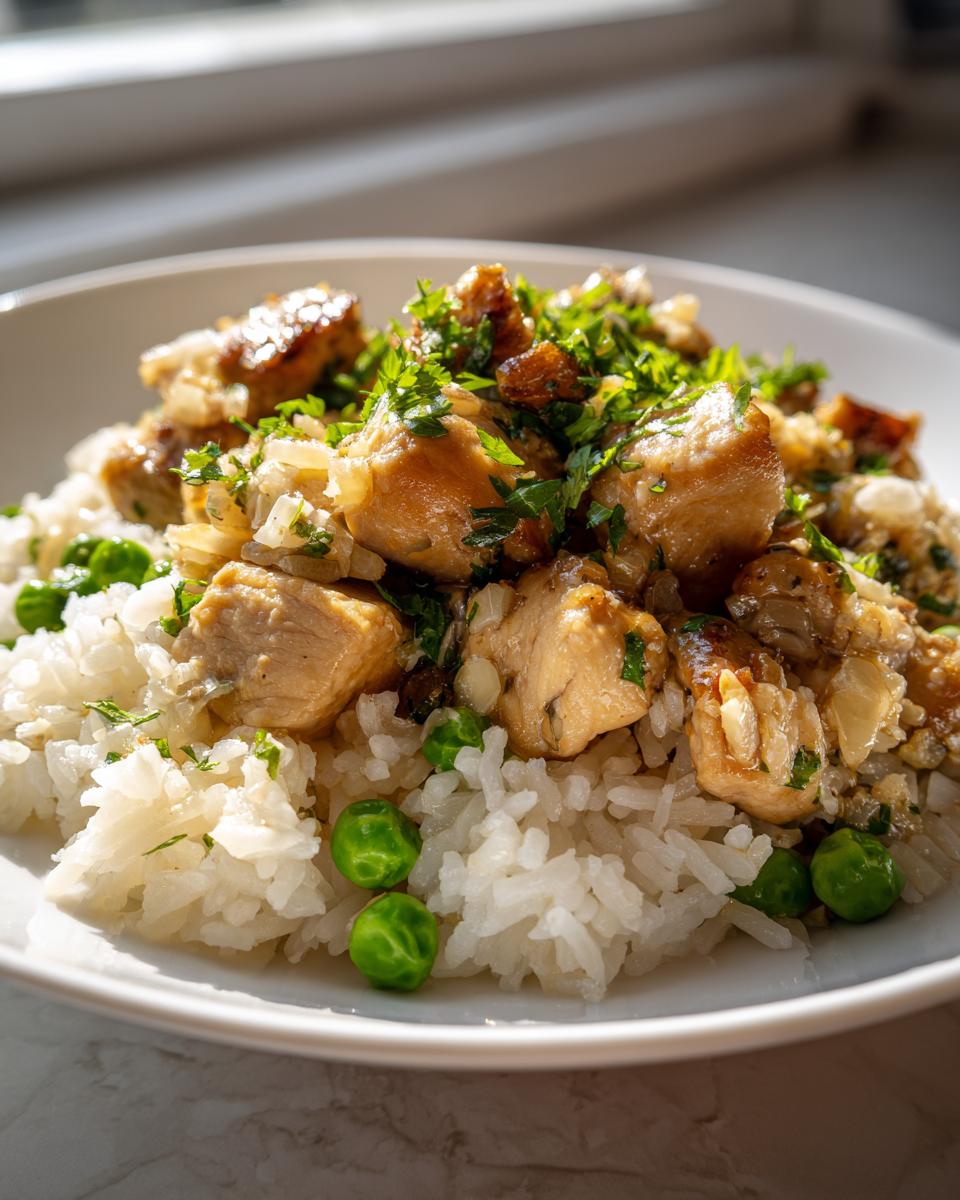 Plate of chicken and rice with peas garnished with fresh herbs, showcasing basic cooking recipes