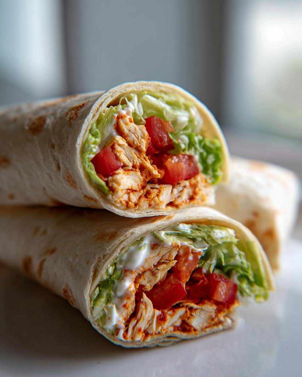 Close-up of a chicken wrap filled with lettuce, tomato, and sauce, cut in half.