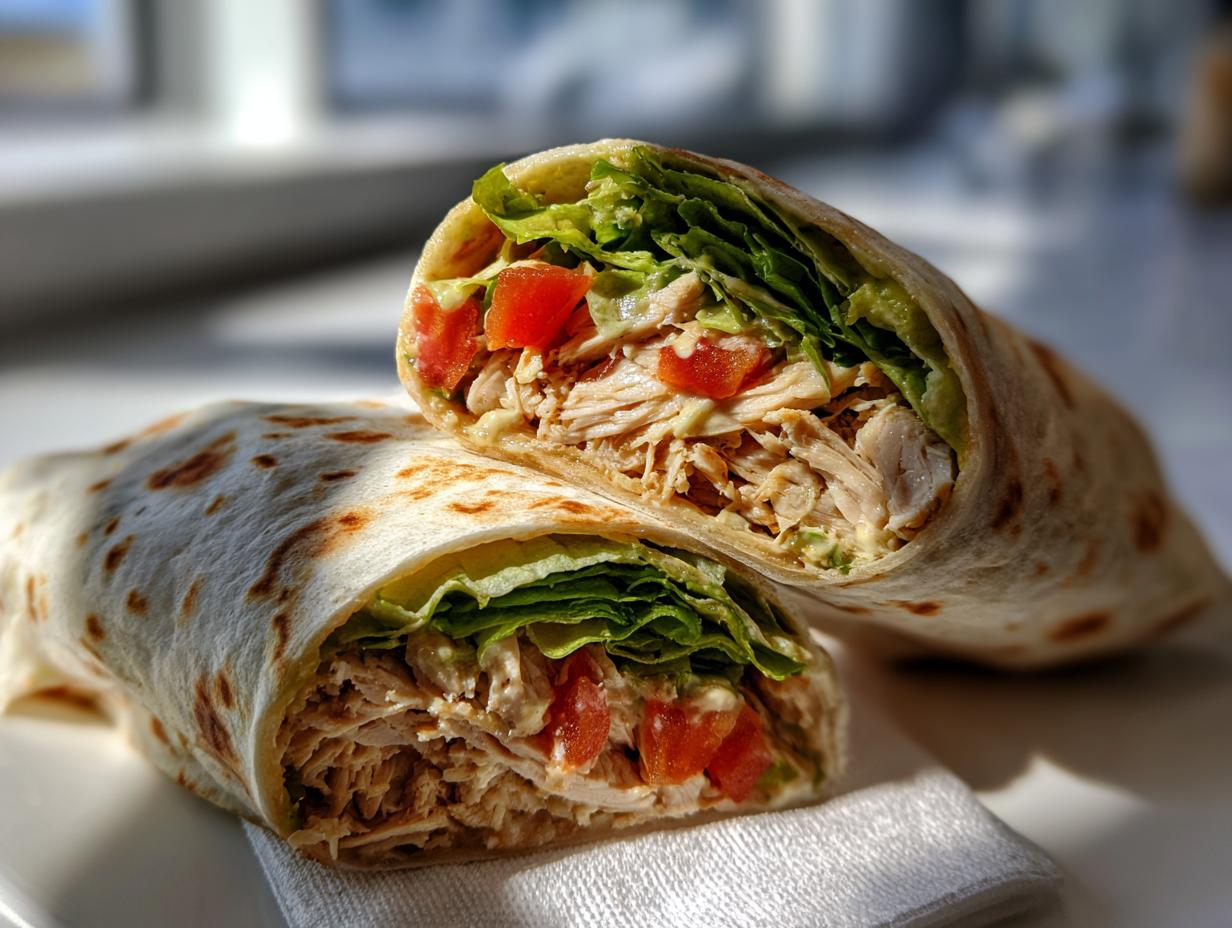 Close-up of a chicken wrap filled with lettuce, tomato, and shredded chicken.