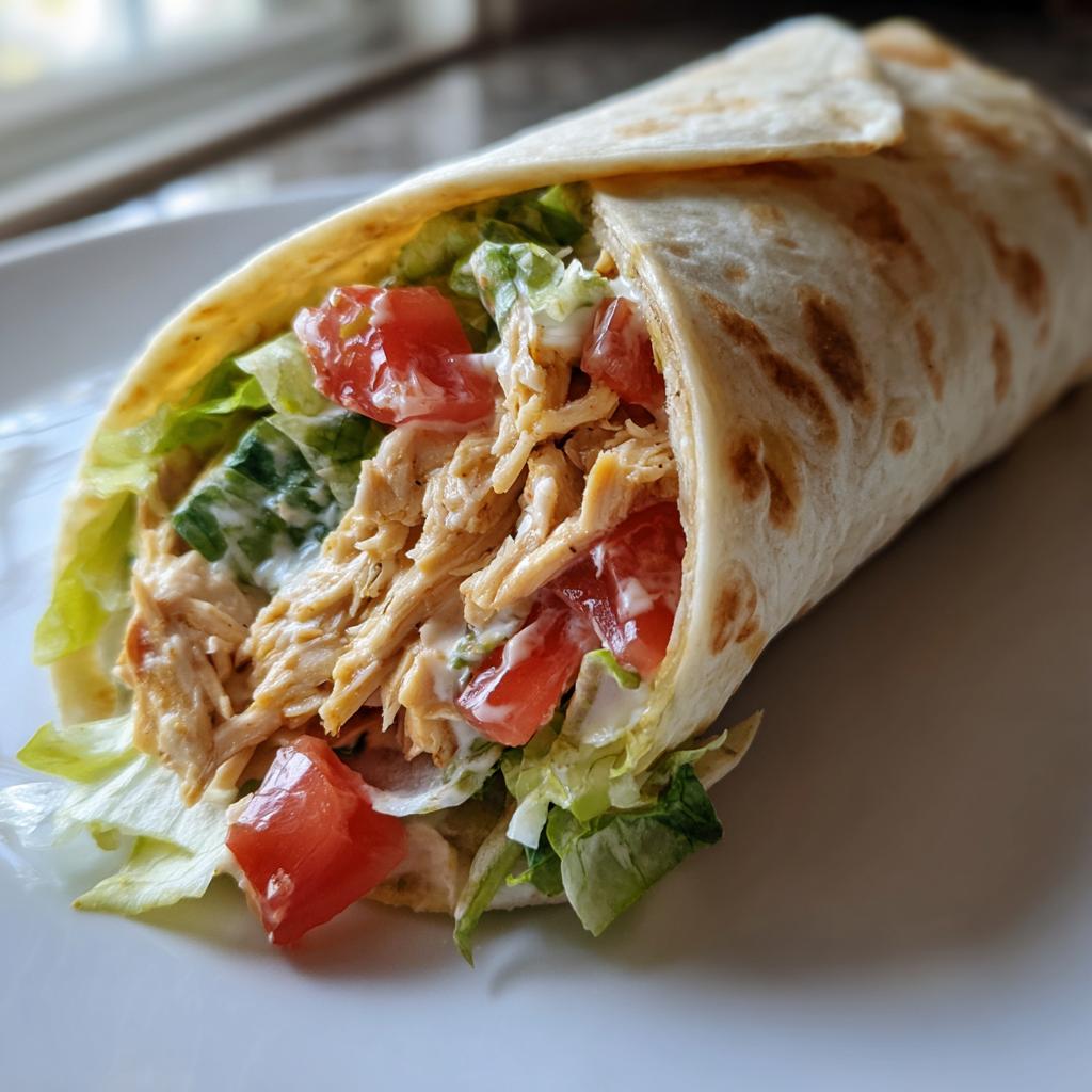 Close-up of a chicken wrap filled with shredded chicken, lettuce, tomato, and sauce in a tortilla.